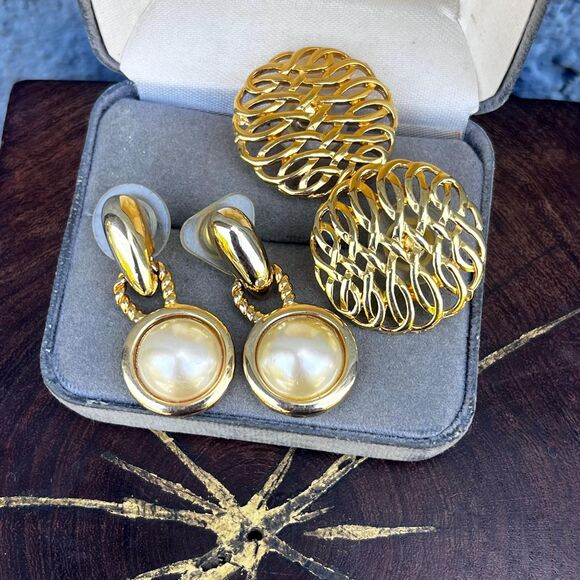 Gold Earring Set Dangle Faux Pearls and 90s Large Studs - Picture 1 of 8